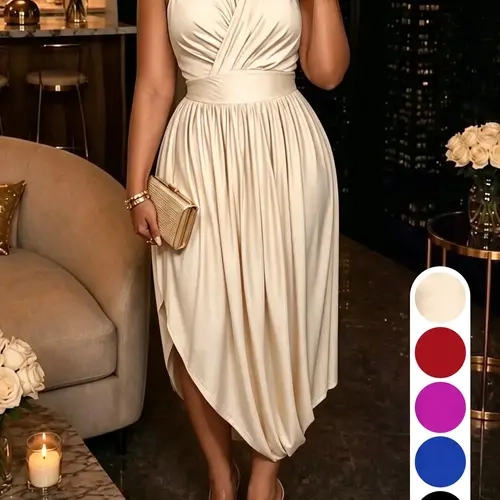 Women Sleeveless Knit Sheen Midi Dress, Wrap Ruched Waist High‑Low Asymmetrical Irregular Hem Formal Party Evening Dress, Not Satin Fabric
