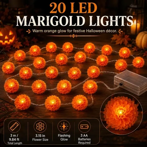 20 LED Marigold Flower String Lights, 3M Battery Operated Orange Cempasuchil Garland with Flashing Mode, Day of the Dead Ofrenda Altar Decor, Halloween Fall Mantel Party Home Decorations, Battery Not Included