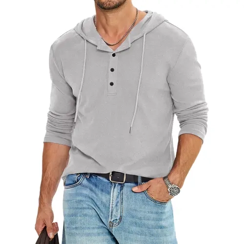 JMIERR Men's Muscle Fit Hooded Henley Shirt, Fleece Long Sleeve Pullover, Drawstring Hood Button Placket Tops for Gym Workout Fall Winter Casual