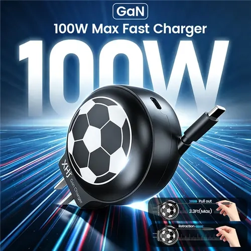 2-in-1 GaN Fast Charger with 100W Output, Retractable Type-C Cable, Folding Adapter for Electronic Mobile Devices, Smartphone, iPhone, iPad, MacBook – Halloween Gift Option