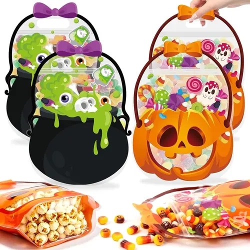PSELL Spooky Halloween Plastic Goody Bags - 8pc/24pc/48pc Expandable Window Trick-or-Treat Bulk Packs with Skeleton Pumpkin Design, for Classroom Snack Storage, Halloween Party Supplies