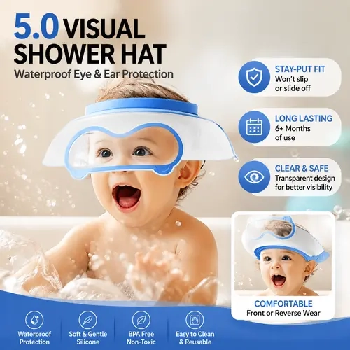 【2026 Upgrade】Baby Shampoo Visor for Toddlers, Adjustable Baby Shower Cap with Transparent Splash Guard, Soft Bath Hat for Hair Washing, Eye and Ear Protection, Reusable Bathing Accessories for Infants and Kids