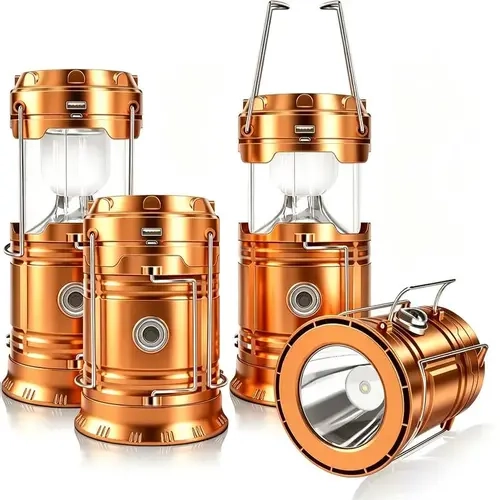 4 Pack Gold Solar-USB Rechargeable LED Camping Lanterns - Compact Unisex Camping Equipment, Waterproof Emergency Light, Collapsible Portable LED Rechargeable Flashlights for Home Power Outages, Hiking