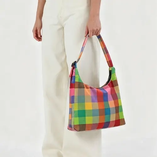 Nylon Hobo Plaid Shoulder Bag, Versatile Commuter Work Bag, Large Capacity Handbag with Key Leash, Trendy Casual Style for Everyday Use