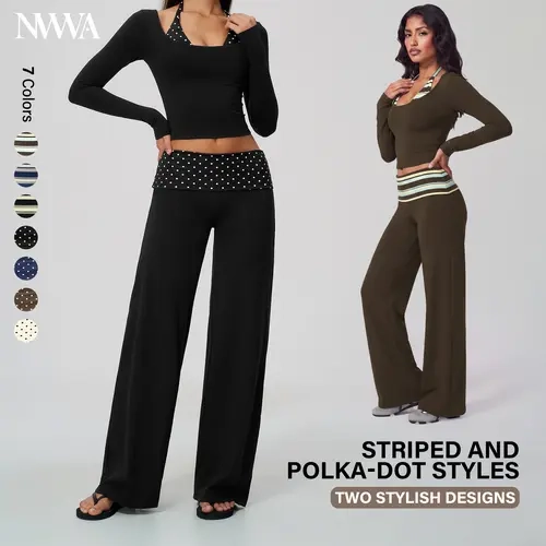 NVWA Women's 2 Piece Outfits Fake Two-Piece Long Sleeve Crop Top with Striped OR Polka Dot, High Waisted Wide Leg Pants, Butt Lifting Yoga Lounge Set, Chic Activewear Workout Outfits, Soft Stretchy Gym Wear