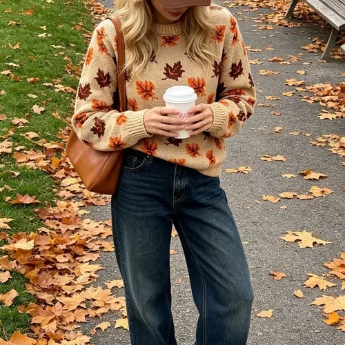 Women's Round Neck Maple Leaf Jacquard Fall Winter Loose Cozy Casual Fashion Versatile Pullover Sweater – Daily Outing Autumn Vibes Wear