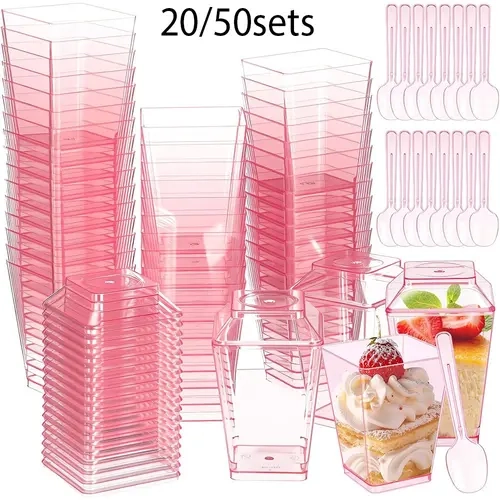 20/50 Sets Plastic Dessert Cups with Lids and Spoons, Reusable Yogurt Pudding Ice Cream Cups for Parties Weddings Baby Showers, Party Cups