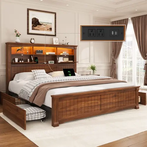 TryLazy Farmhouse Queen Size Bed Frame with 4 Drawers & 6 Bookcafatkunses On The Headboard, Wood Platform Bed Frame with Charging Station and LED Lights, Noise-Free, No Box Spring Required, Easy Assembly