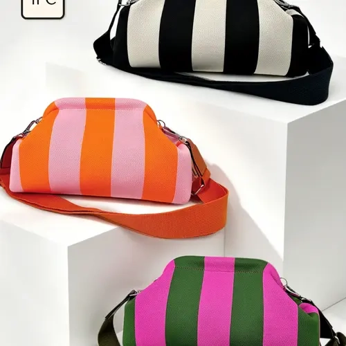 Vintage Striped Cloud Design Knit Crossbody Bag, Large Capacity Foldable Makeup Pouch, Lightweight for Work, Parties, Travel, Shopping, Adjustable Crossbody Purses