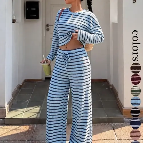 New Fall & Winter Women's Striped Loose Long Sleeve T-Shirt and Pants Set, Casual High Waist Outfit, Regular Length, Unlined