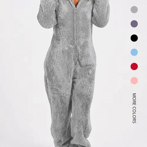 Women's Solid Zipper Hooded Plush Pajama Jumpsuit, Casual Long Sleeve Teddy Bear Ear Design Jumpsuit for Fall & Winter, Women's Sleepwear for Indoor Wear, Fluffy Pajamas, Loungewear