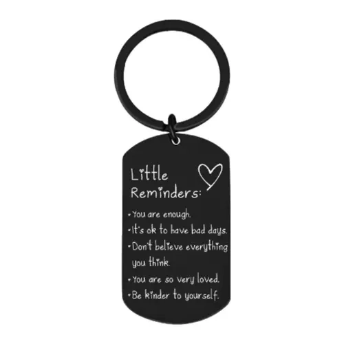 Best-selling stainless steel inspirational keychain-"Little Reminders"-engraved with messages of positivity, optimism, and confidence.