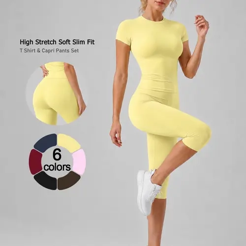 Women's 2 Piece Yoga Set, Yoga Sports Clothing, Quick Dry T Shirt and Capri Leggings, Soft Stretch Breathable High Waist Workout Set, Slim Fit Activewear for Gym Pilates Running Cycling, Casual Travel Vacation Fitness Outfit