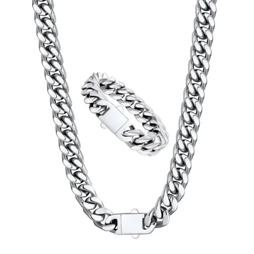 【Set】PROSTEEL 14K Gold Plated/Steel/Black Miami Cuban Chain Necklace And Bracelet Stainless Steel 5mm/7mm/9mm/12mm/14mm  Necklace Bracelet Hypoallergenic Jewelry Unisex For  Men Women Gift Box