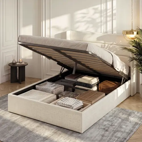 SHA CERLIN Chenille Fabric Lift-Up Platform Bed Frame with Wingback Headboard, Hydraulic Lift Storage, Wood Slat Support, No Box Spring Needed, Easy Assembly, Multi-Size (Full/Queen/King), Platform Bed Base, Channel Tufted, Heavy-Duty