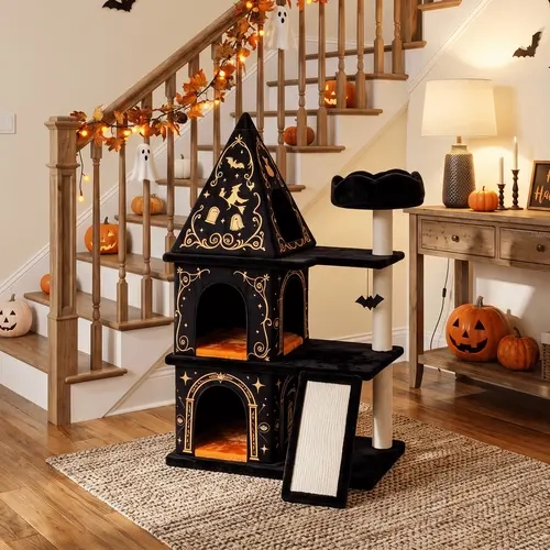 HOOMIC 43in/47in Halloween Cat Tree, 3-Level Gothic Cat Tower with 2 Condos, Sisal Scratching Posts & Ramp, Spooky Black Cat Activity Center with Dangling Bat Toy for Indoor Cats