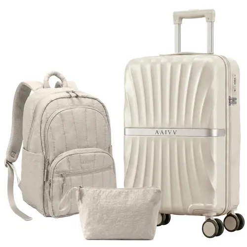AAIVV 3-Piece Luggage Set, Including 20-in Suitcase with TSA Lock, USB/USB-C Ports, Cup Holder, Spinner Wheels, 15.6-in Backpack & Toiletry Bag