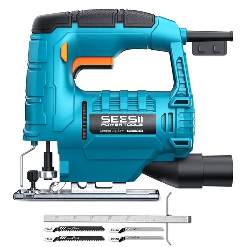 SEESII Corded Jig Saw, 3000 RPM Electric Jigsaw with 0-45° Bevel, 65mm Wood Cutting, Tool-Free Blade Change, 4 Blades, Parallel Guide, Dust Port for Wood Metal Plastic JS100