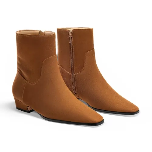 Coutgo Women's Chunky Block Heel Ankle Booties - Footwear with Square Pointed Toe, Faux Leather Plain Design, Side Zipper, Rubber Sole, Dressy Fall Heels for Women's Shoes