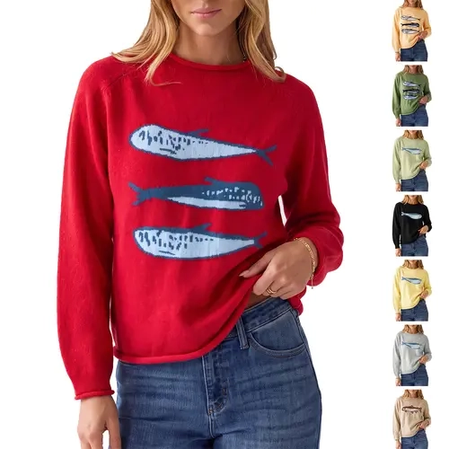 Aswulk Women's Three-Fish Graphic Sweater, Rolled-Edge Crewneck Pullover, Sardine Print Long Sleeve Casual Loose-Fit Top, Trendy Fall & Winter Sweater.