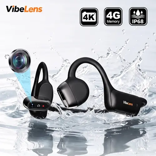 VibeLens Bone Conduction Bluetooth Smart Headphones with 13MP Camera, 4K POV Video Recording, 6-Axis Stabilization, IP68 Waterproof, Open-Ear Design, AI Assistant, Offline Music for Swimming, Sports, Cycling & Travel