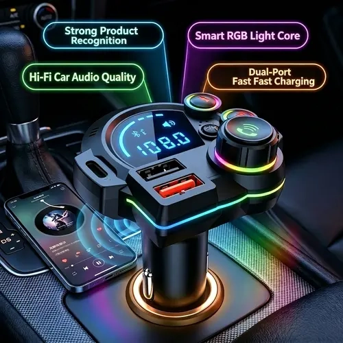 Car FM Bluetooth Transmitter - 12V-24V Vehicle Compatible, PD3.0&QC3.0 Dual USB Ports, Bass Enhancement, Hands-Free Calling, RGB Ambient Lighting, Travel Essential