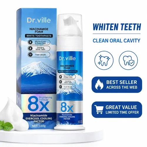 【Professional Grade】Dr.ville Niacinamide Brightening Foaming Toothpaste 8X - Nicotinamide Toothpaste for Daily Oral Health, Fresh Breath, Teeth Stain Removal, Whitening, 100ml