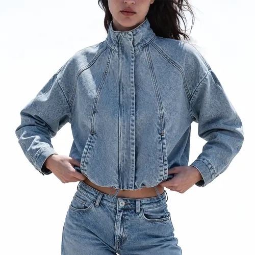 Buenoble Y2K Women Cropped Denim Bomber Jacket, Oversized Stand Collar Zip‑Up Jean Jacket, Long Sleeve Light Wash Casual Streetwear Outerwear
