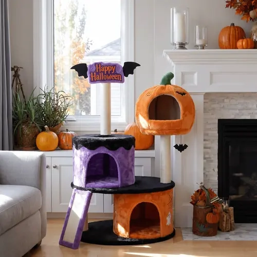HOOMIC 43in/47in Halloween Cat Tree, 3-Level Gothic Cat Tower with 2 Condos, Sisal Scratching Posts & Ramp, Spooky Black Cat Activity Center with Dangling Bat Toy for Indoor Cats