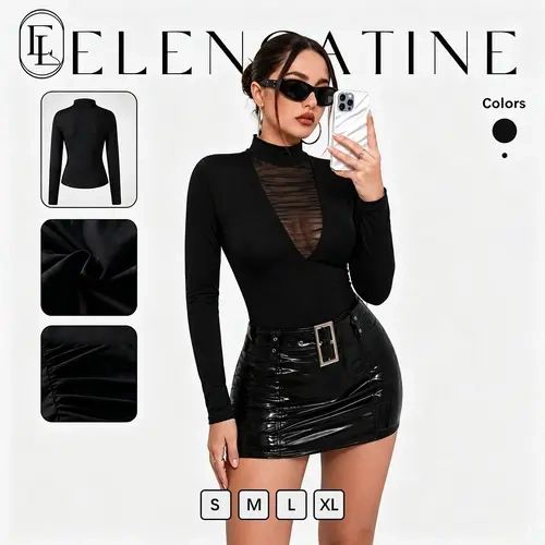 EL Elengatine Women’s Formal Casual Longsleeve Polyester Blouse - Mock Neck, Sheer Mesh, Ruched Front, Deep V, Stretchy Skinny Slim Fit, Dressy Top for Date Night, Daily Wear