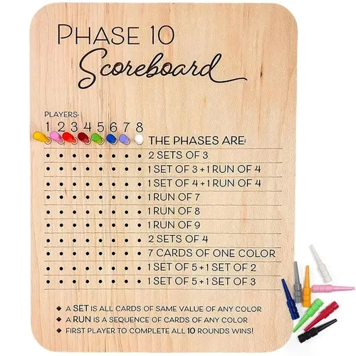 Wooden Phase 10 Score Board Game with 8 Colored Pegs, Peg Slots & Round Card Tracking Tool, Unisex Family Party Supplies for Night Table Gatherings