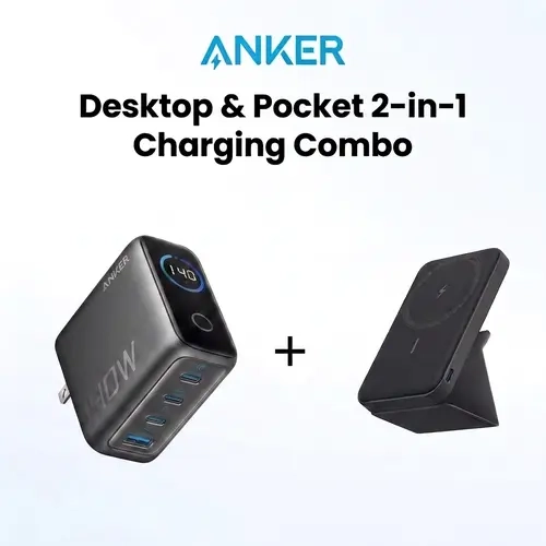 【Desktop & Pocket 2-in-1】Anker Charging Combo-5,000mAh Magnetic Power Bank, Wireless Portable Charger with Foldable Stand & Side USB-C Port+140W GaN Laptop Charger, 4-Port Power Adapter with Intuitive Touch Controls and Fast Multi-Device Charging