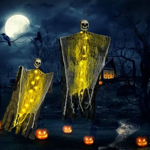 Hanging Flying Ghost Halloween Decoration, Color-Changing Warm-Light Light-Up Skull for Spooky Yard, Front Porch & Front Door Outdoor Decor