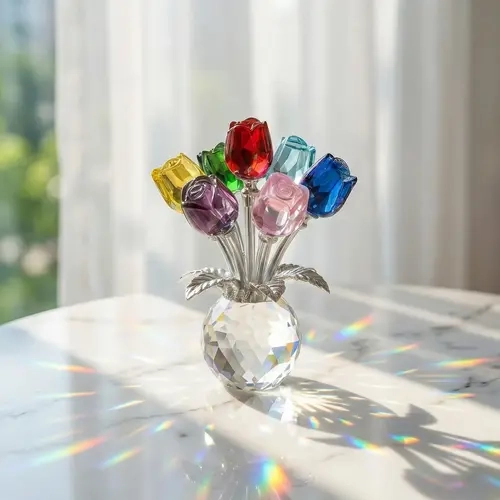 Handmade K9 Crystal Rainbow Rose Bouquet in Vase ,Gifts for Women Wife GF Daughter,New Apartment, Dorm Desk Decor, Sentimental Keepsake,crystal decorative ornament