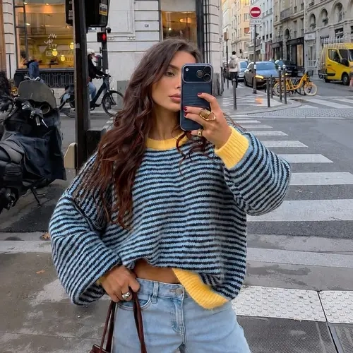 Women's 2026 Fall New Arrival Striped Sweater, Casual Loose-Fit Drop-Shoulder Jumper, Perfect for Daily Wear, Cozy Knit Top