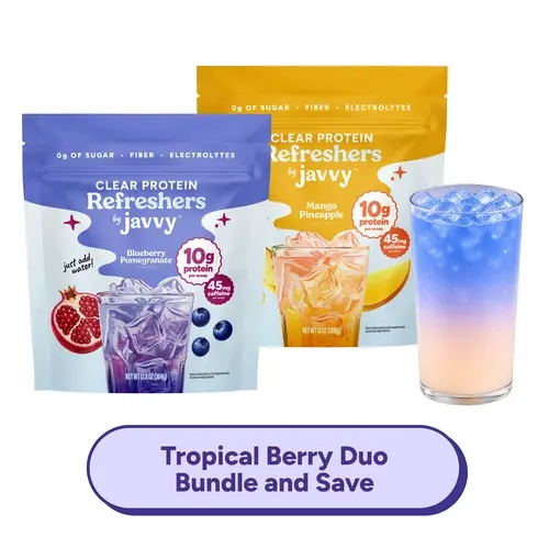 Javvy Tropical Berry Duo TikTok Exclusive Bundle Mango Pineapple + Blueberry Pomegranate Refresher Clear Whey Protein Drink Mix, 45mg Caffeine, 0g Sugar, 10g Protein, With Fiber & Electrolytes, 20 Servings Each
