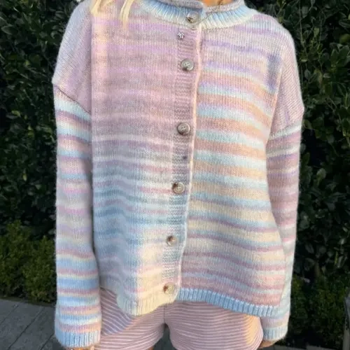 Fall & Winter Loose Fit Colorblock Striped Asymmetric Gradient Knit Cardigan Sweater for Teen Girls