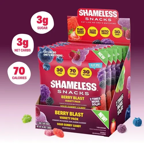 Shameless Snacks Berry Blast Gummy Candy Variety Pack & Fruit Snacks Keto High Fiber Gummies, 3g Sugar 70 Cals - Gluten Free Vegan Bulk Treats for Kids & Adults