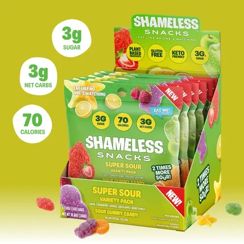 Shameless Snacks Sour Candy Variety Pack - Keto Fruit Gummies High Fiber Sour Gummy Candy, 3g Sugar 70 Cals - Keto Gluten Free Vegan Bulk Treats for Kids & Adults
