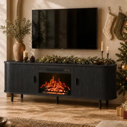 【FallDealsForYou】ONBRILL 70.8" Gorgeous Fluted Fireplace TV Stand for TVs Up to 80" with 23" Electric Fireplace, Luxury Modern Entertainment Center with Power Outlet , TV Media Console with Storage for Living Room, Bedroom Furniture, Christmas Gift