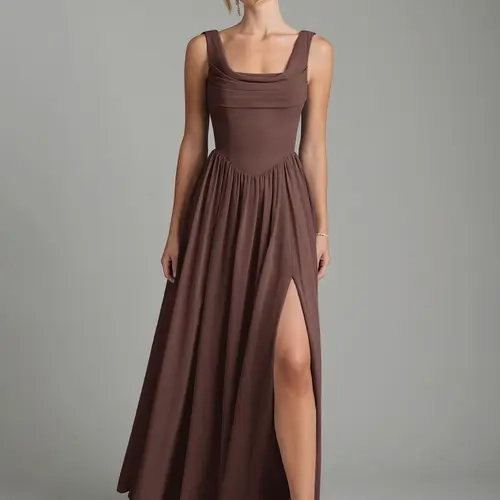 Azazie Novi Cowl Neck Basque Waist Pleated A-Line Bridesmaid Wedding Guest Formal Party Dress Chiffon sohochic