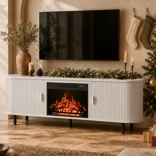 【TiktokShopStockUp】ONBRILL 70.8" Gorgeous Fluted Fireplace TV Stand for TVs Up to 80" with 23" Electric Fireplace, Luxury  Modern Entertainment Center with Power Outlet , TV Media Console with Storage for Living Room, Bedroom Furniture, Christmas Gift