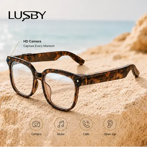 8MP Tortoiseshell Smart Camera Glasses with Photo & Video Recording, Voice Recording, Hands-Free Calls, Music Playback & Stylish Retro Frame