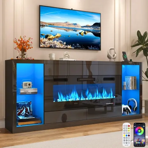82.7''/94.5" Fireplace TV Stand for 90/95''/100''TV with 50'' Fireplace, LED Modern High Gloss Entertainment Center with Power Outlet, 4 Drawers, Adjustable Shelf, 2-Tier TV Console Cabinet, Black/White