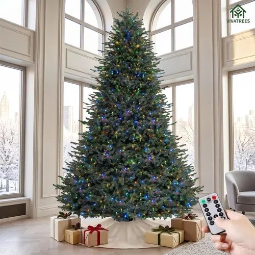 VIVATREES 7.5FT 9FT 12FT Pre-Lit Flocked Christmas Tree Warm White Multicolor Changing LED Lights Realistic PE Foliage Pencil Slim Snow-Covered Hinged Branches Metal Stand for Home Office Xmas Holiday Decor