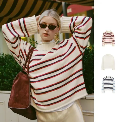 Buenoble Women's Oversized Striped Roll Neck Sweater Long Sleeve Chunky Knit Pullover Soft Cotton Blend Cozy Fall Casual Loose Fit Knitwear Top