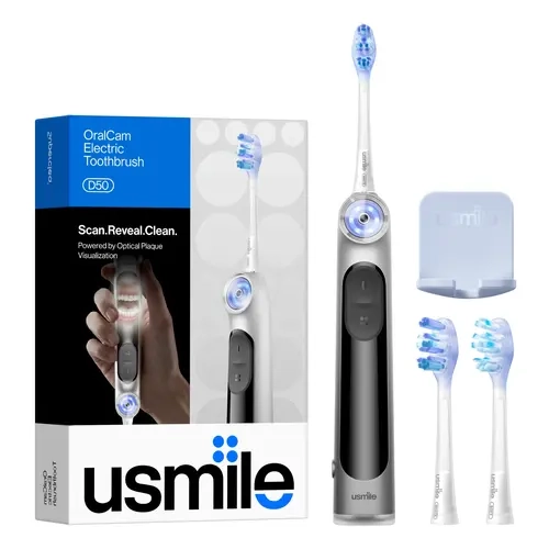 usmile D50 OralCam Electric Toothbrush - Fluorescence-Enhanced Plaque Remover, Hands-Free Guidance, IPX8 Waterproof, USB-C Rechargeable, 80-Day Battery Life, Targeted Cleaning, Progress Tracking, Battery Operated Power Toothbrush for Adults, Battery Opera