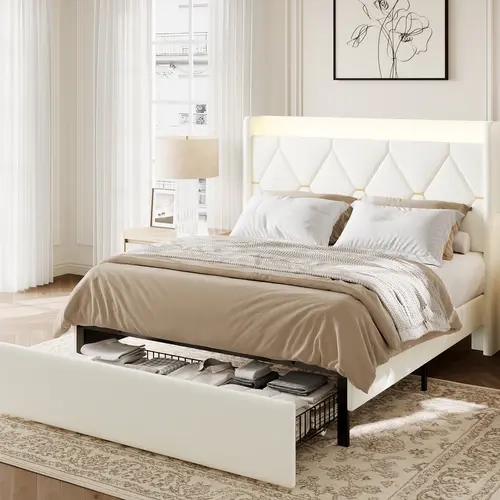HOOMIC Bed Frame with LED Lights and Storage Drawers, Beige Upholstered Wingback Headboard with Charging Station, Diamond Tufted Platform Bed, No Box Spring Needed