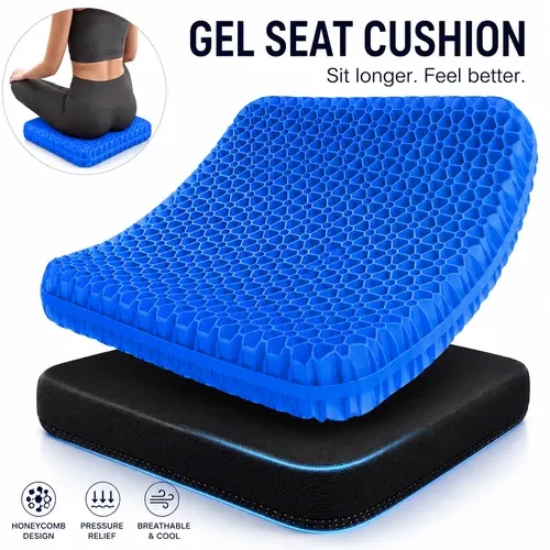 New TPE Gel Desk Chair Cushion - Large Ergonomic Open Cell Honeycomb, Firm Cooling Breathable Portable Soothing Pad with Non-Slip Washable Cover (16.5x15.7x1.6in) for Stable Seating, Office Chair, Car Seat