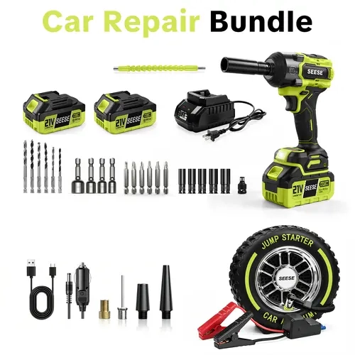 SEESE Car Repair Bundle with High Torque Impact Wrench & 150 PSI Tire Inflator | Portable Impact Driver and Air Compressor Combo Kit for Tire Change, Lug Nut Removal, Road Trips & Auto Maintenance toolupgrade